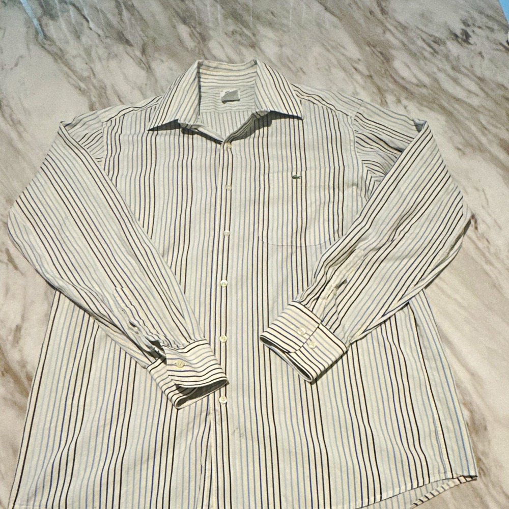 Lacoste Men's 42 White/Blue Striped Woven Long Sleeve Button-Up Pockets 577